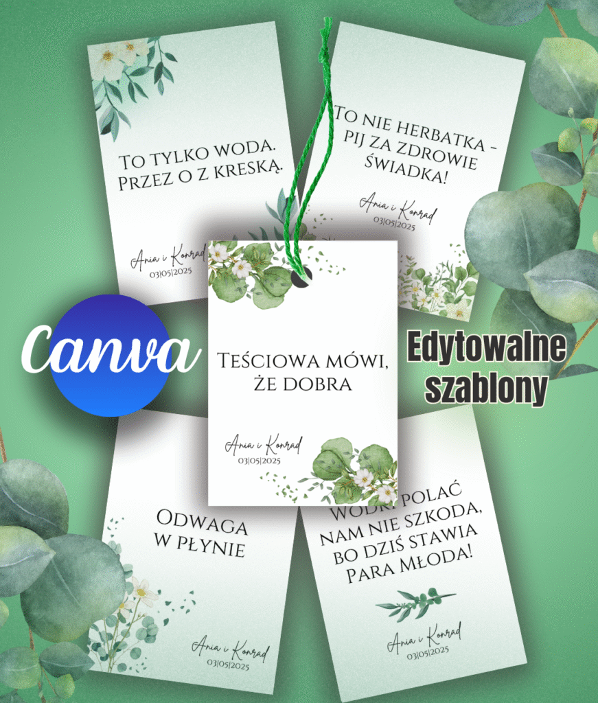 Szablon zawieszek na butelkę weselną do edycji w Canvie