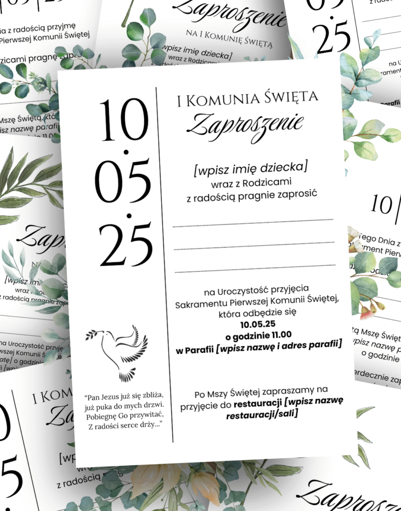 Szablon zaproszenia na komunię świętą doedycji w Canva