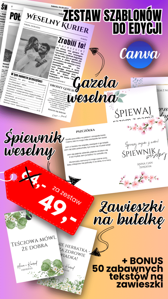 Zesatw szablonów gazety weselnej, zawieszek na butelkę weselną i śpiewnika weselnego do edycji w Canvie
