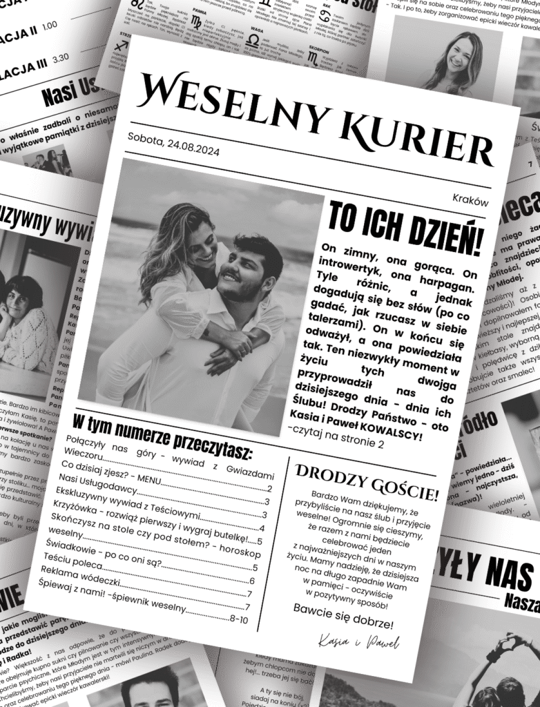 Szablon gazety weselnej do edycji w Canva