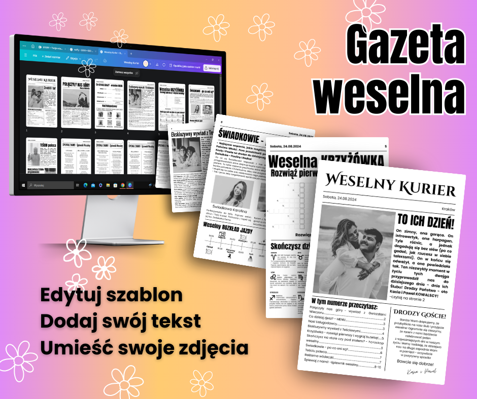 Szablon gazety weselnej do edycji w Canvie